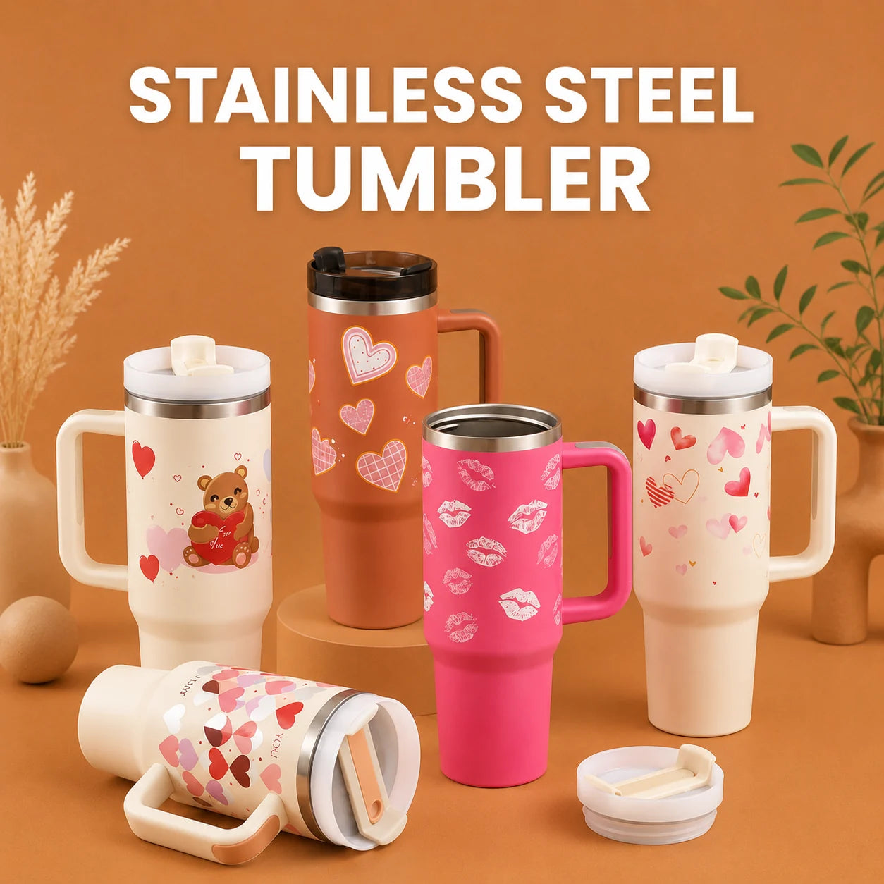 40 Oz Tumbler With Handle Straw Insulated, Stainless Steel Spill Proof Vacuum Coffee Cup Tumbler With Lid Tapered Mug Gifts For Valentine Lover Suitable For Car Gym Office Travel